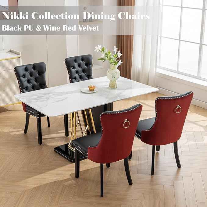 Dining Chairs Set of 6, Upholstered Dining Room Chairs with Back Ring Pull Trim and Solid Wood Legs, Modern Tufted Kitchen Chairs Perfect for Dining Room, Black Pu Leather Splicing WineRed Velvet