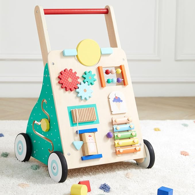 Asweets Wooden Baby Walker Push and Pull Learning Activity Walker Kids’ Activity Toy Multiple Activities Center Develops Motor Skills & Stimulates Creativity(Color)
