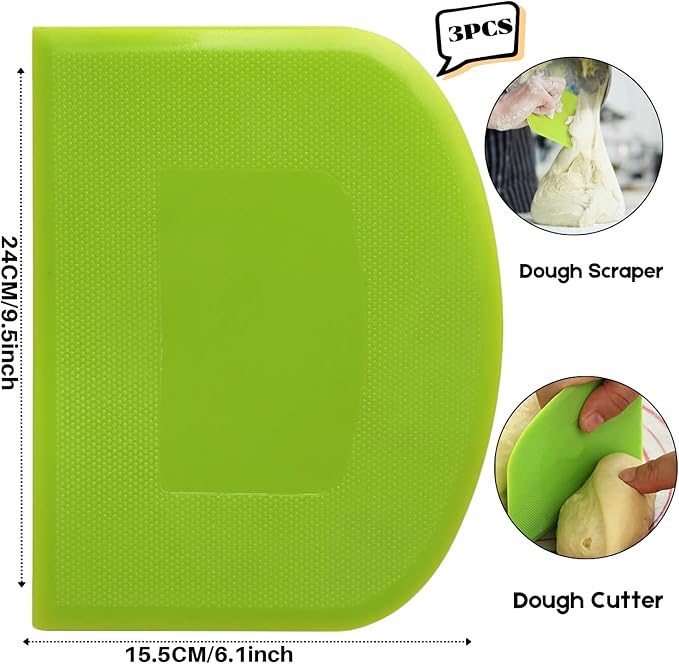SURDOCA Dough Scraper Bench Scraper - 3P 9.5x6.1" Plastic Flexible Bowl Scraper, Sharp Edge & Angles Cake Scraper. Non-Slip Bakeware Decorating Tools Sculpting & Modeling Tools - Green+Yellow+Green