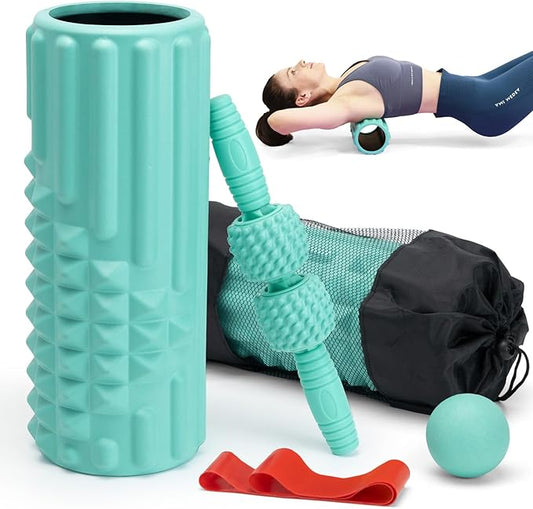 5 in 1 Foam Roller Set, Trigger Point Massage, Muscle Roller Stick, Massage Ball, Resistance Band for Deep Tissue Fitness Exercise Yoga Pilates (Tiffany Green)