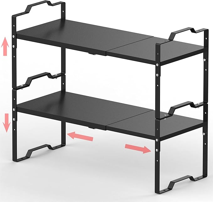 Expandable Shelf for Cabinet Organizer Adjustable Stackable Spice Rack at Kitchen and Bathroom More, Counter Countertop Cupboard Organization Pantry Storage(LARGE/2PACKS/BLACK)