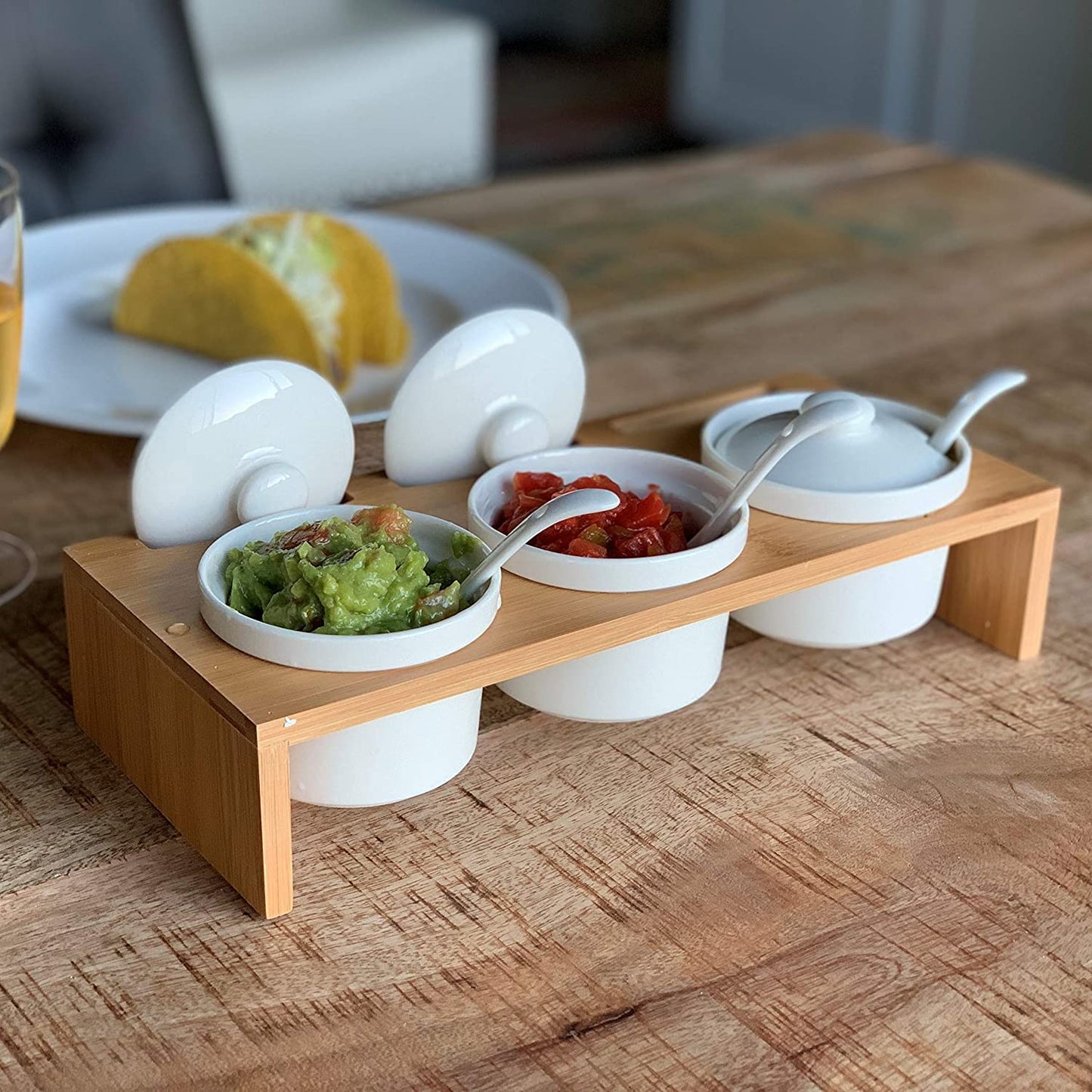MyGift 10 Piece Condiment Pot Serving Set Includes Premium Solid Bamboo Wood Raised Display Server Tray and 3 Ceramic Ramekin Dip Bowls with Lids and Spoons