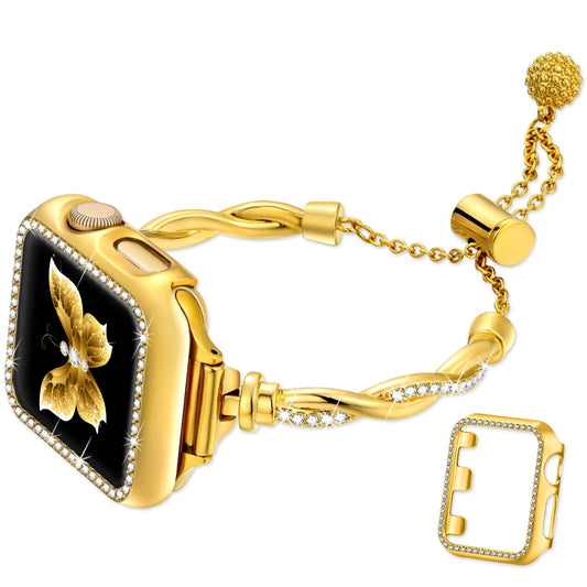 Dilando Bling Band and Case Compatible with Apple Watch Band 38mm 40mm 41mm 44mm 45mm 42mm Women, Slim Dressy Metal Bracelet Strap Rhinestone Bumper for Iwatch SE & Series 9 8 7 6 5 4 3 2 1(Gold,40mm)