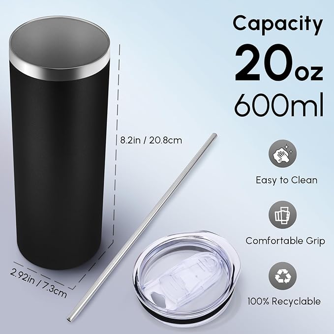 Volhoply 4 Pack Skinny Tumblers with Lid and Straw, 20oz Stainless Steel Straight Tumbler Bulk, Vacuum Insulated Coffee Mug for Home, Office, Travel, DIY (Mix,4 Pack)