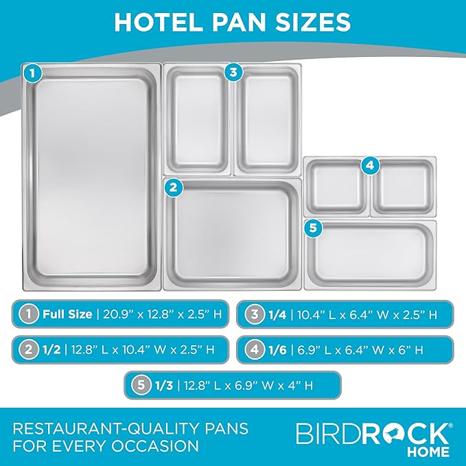 BIRDROCK HOME Stainless Steel Steam Table Pan - Hotel, Restaurant & Catering Supplies - 24 Gauge Steel, 6.2 qt Capacity - Meal Prep, Cooking, &Food Storage Container - 6" Depth, 1/3-Size (6 Pack)