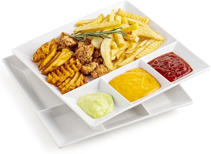 LAUCHUH Chip & Dip Serving Set, 11 inch Porcelain Divided Serving Platter Large Relish Tray Appetizer Tray for Party, Thanksgiving, Christmas, Nuts, Candy, Veggies, Candy and Snacks, White