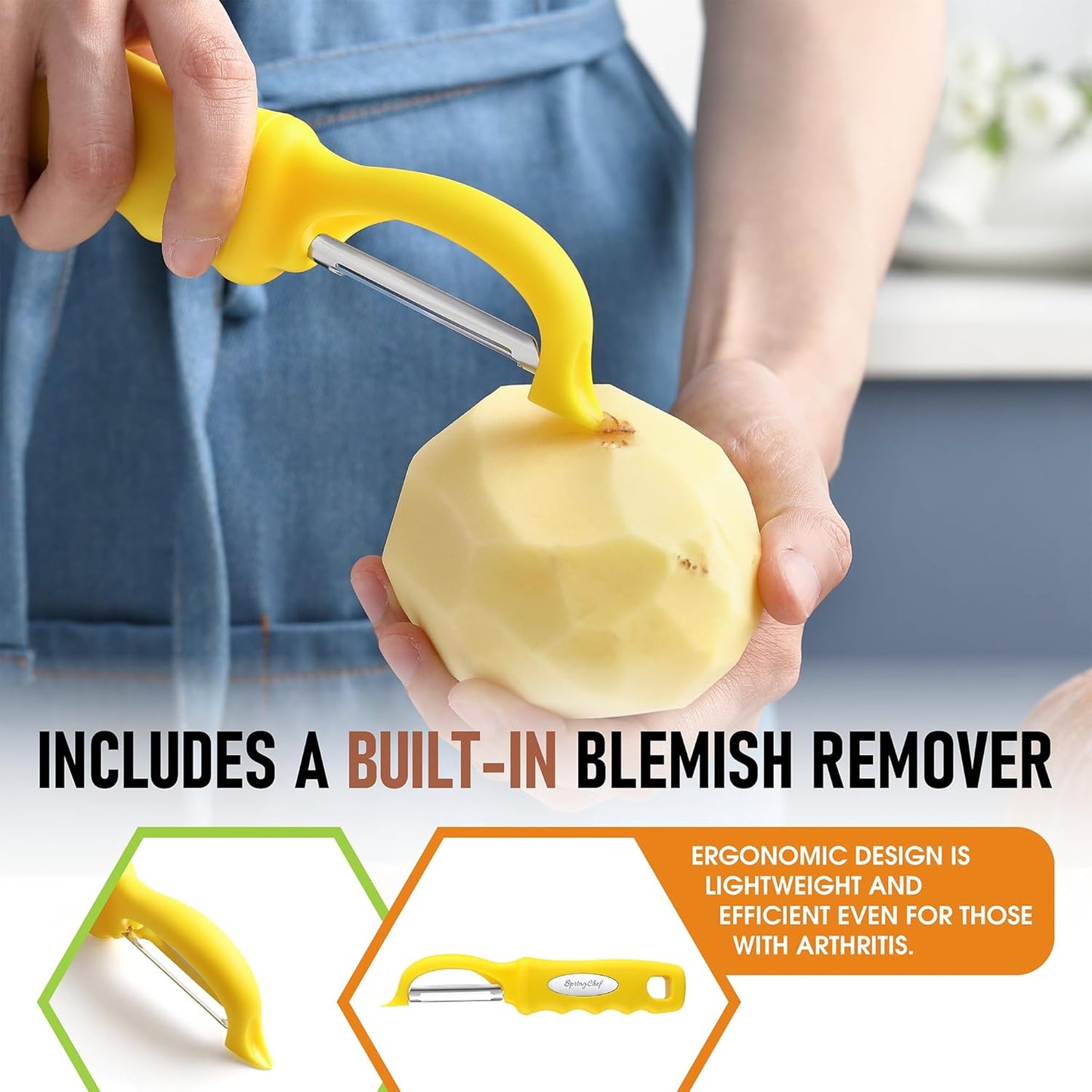 Spring Chef Premium Stainless Steel Yellow Swivel Potato Peelers for Kitchen, Dishwasher Safe Carrot Peeler with Comfortable Handle, Perfect for Vegetable, Fruit, Apple, Cucumber - Set of 2
