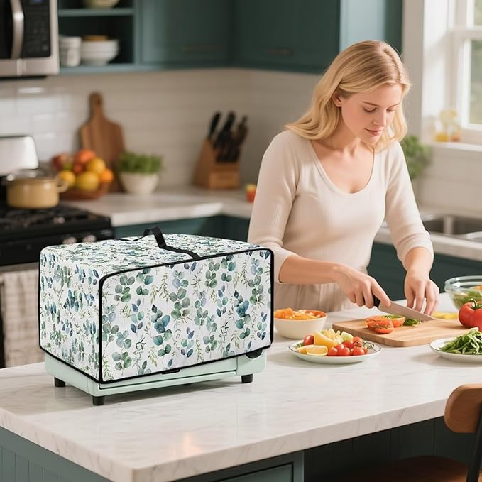 Countertop Convection Oven Cover Decorative and Protective Air Fryer Toaster Oven Dust Cover for Home Kitchen Indoor Decor, L, Eucalyptus Leaf Green White