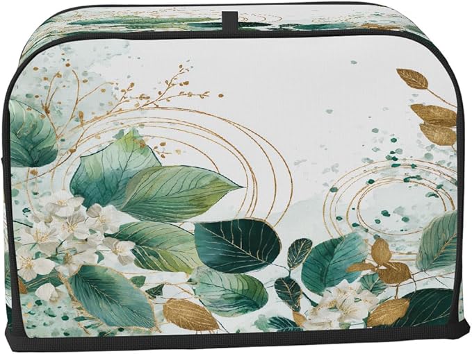 2 Slice Toaster Cover,Sage Green Eucalyptus Leaves Floral Gold Line Small Kitchen Appliance Bread Machine Cover with Pockets,Dust & Fingerprint Protection