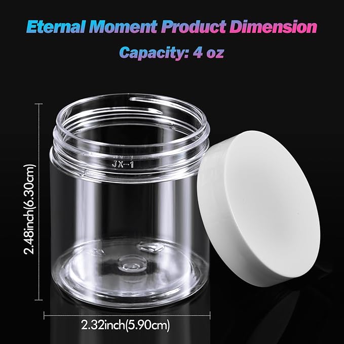 50 Pack 4 OZ Plastic Jars Round Clear Cosmetic Container with White Lids, Eternal Moment Slime Jars for Lotion, Cream, Ointments, Makeup, Eye shadow, Rhinestone, Samples, Pot, Travel Storage