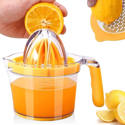Citrus Lemon Orange Juicer Manual Hand Squeezer, Fruit Juicer Lime Press with Built-in Measuring Cup and Grater and Egg separator, Non-Slip Silicone Handle, 20OZ