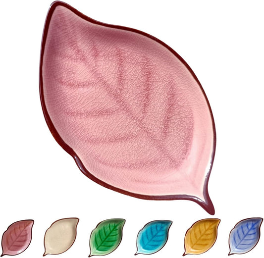 Ceramic Spoon Rest for Stove Top, Ice Cracks Leaf Cute Spoon Rest for Kitchen Counter, Cooking Spoon Holder for Kitchen Counter, Utensil Rest Spatula Rest Ladle Holder Tong Rest, 1 PC (A, Pink)