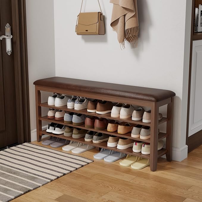 Shoe Bench with Leather Cushion, 3 Tiers Shoe Storage Bench Height Adjustable, Walnut Wood Entryway Bench for Hallway, Mudroom