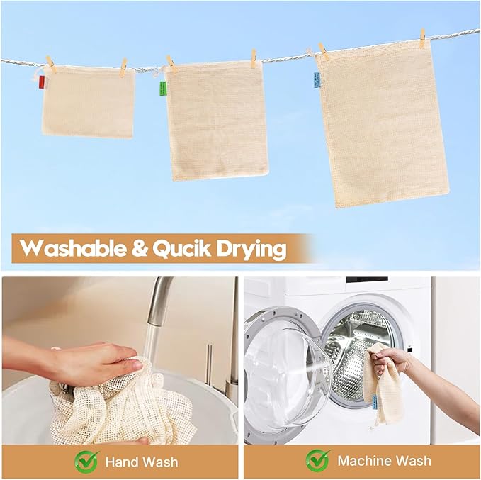 Ycsst Reusable Produce Bags 6 Pack, Cotton Mesh Vegetable Bags for Grocery Shopping, Washable Mesh Produce Bags for Fruits & Vegetables Storage (2S,2M,2L)