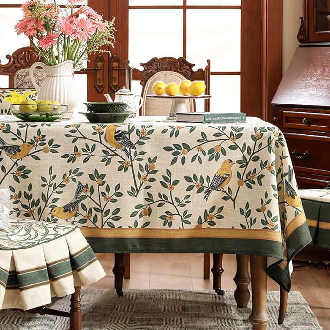 patdrea Designer Vintage French Floral Small Square Tablecloth,Yellow Brids Green Leaves Pattern Linen Table Cloth,Decor Kitchen Dining Holiday Banquet Christmas,Thanksgiving,55"x55"-Warbler