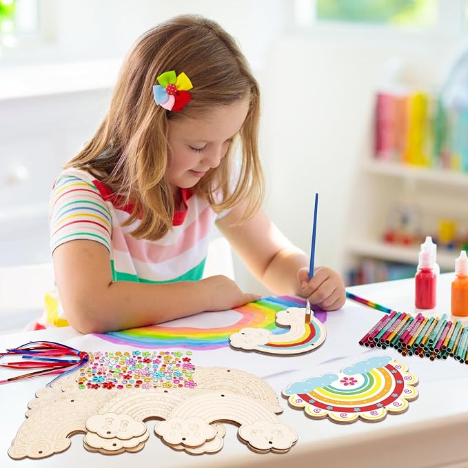 Fennoral 10 Rainbow Wind Chime Craft Kits for Kids Make Your Own Wind Chime Ornament DIY Coloring Wooden Art and Craft for Classroom Art Projects Spring Summer Birthday Decorations