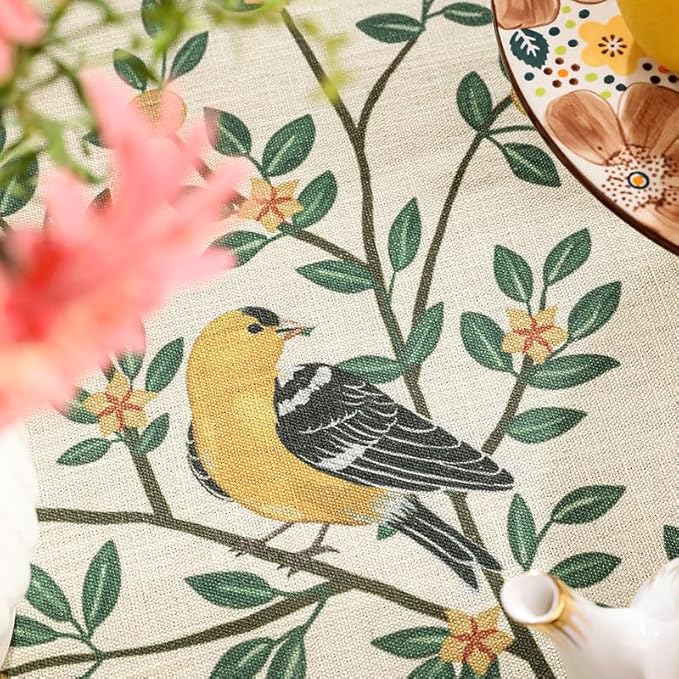 patdrea Designer French Table Cloth for Rectangle Table,Vintage Green Linen Birds and Leaves Pattern Tablecloths,Dacorative Cover Kitchen Dining,Christmas,Thanksgiving,Tea Party,63"x87"-Warbler