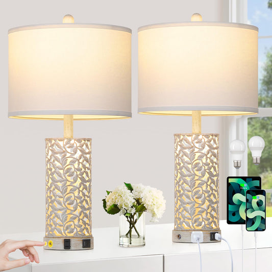Cinkeda Morden Farmhouse Table Lamps Set of 2, Touch Control Bedside lamp with 2 USB Ports & AC Outlet,Vintage Nightstand Lamp with Nightlight for Bedroom Living Room Entryway,White