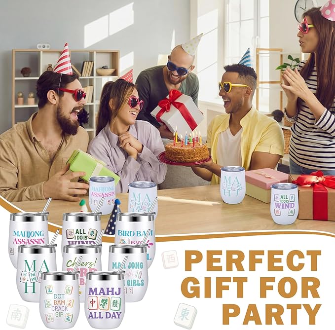 Sliner 8 Pcs Mahjong Tumbler with Lid 12oz Stainless Steel Insulated Cups Mah Jong Accessories Travel Coffee Cup for Women Men Mahjong Lovers Birthday Game Night Party Favors