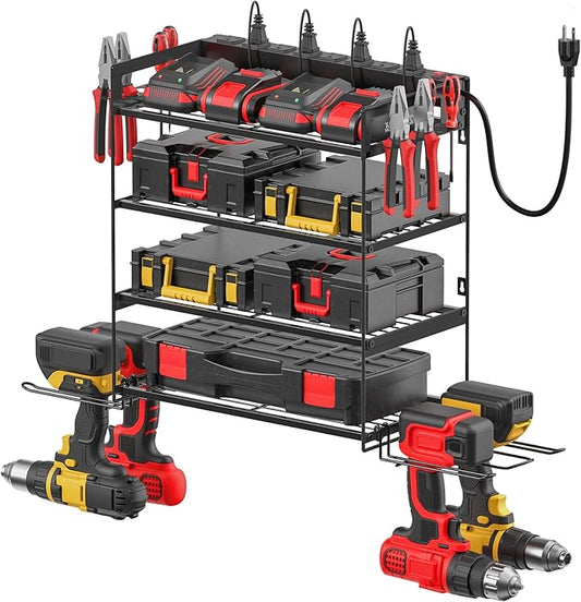 CCCEI Garage Tools Storage with Charging Station. Power Tool Battery Organizer Utility Shelf with Power Strip. 4 Drills Holder Wall Mount Rack, Black 4 Layer.