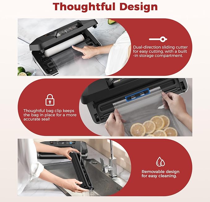 95kpa Vacuum Sealer, Commercial Fully Automatic Food Sealer, Powerful Sealing System, Double Heat Seal, Built-in Cutter and Bag Storage, 1 Roll Bag and 10 Precut Bags