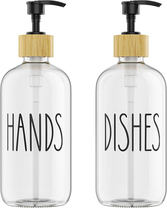 Cisily Dish Soap Dispenser Set with 2 Pack 16.9oz Clear Glass Bottle, Dish Soap Dispensers, Vintage Hand and Dish Soap Dispensers Set