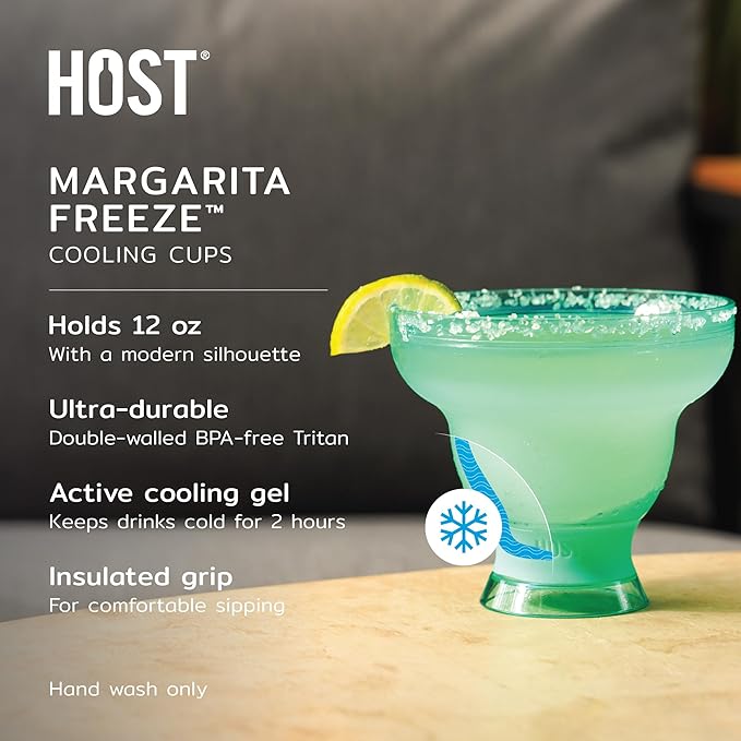 HOST FREEZE Stemless Margarita Glasses, Insulated Plastic Cocktail Glasses for Frozen Drinks, Double Wall Chiller Cups for Daiquiri, Tiki Drinks, Home Bar, Party Gifts, 12 oz, Set of 2, Aqua Blue