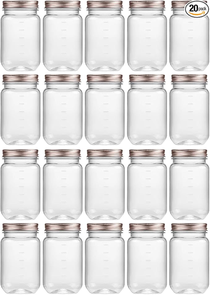 novelinks 16 oz Clear Plastic Jars with Lids, Refillable 16oz Mason Jars with Lids & Storage Containers for Kitchen & Household Use (20 Pack,Rose Gold)