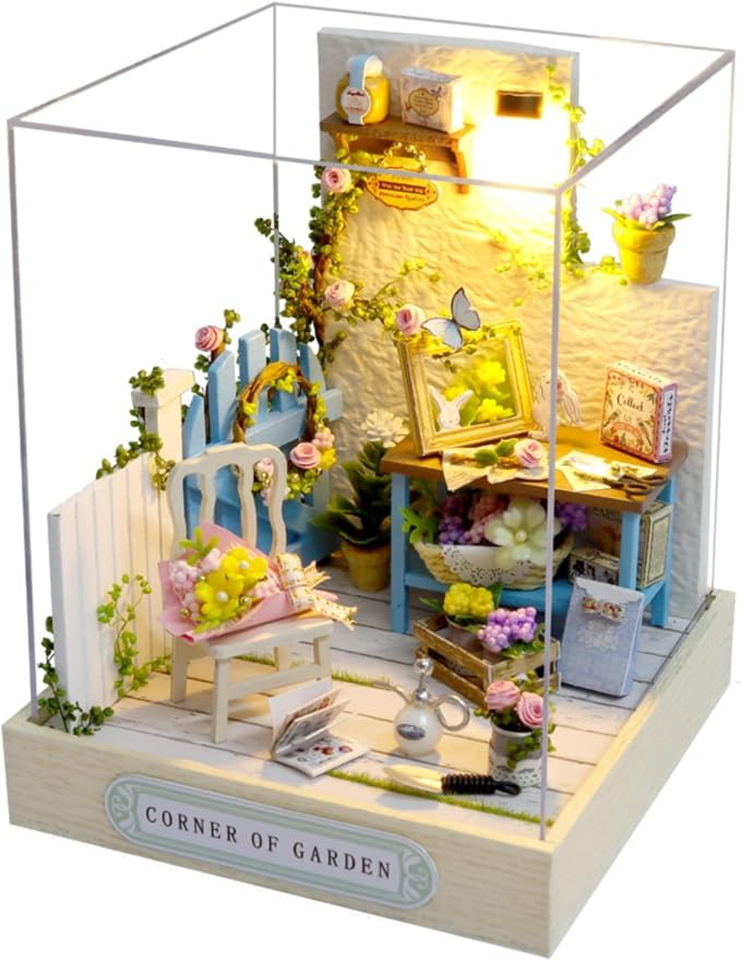 OZJAY DIY Miniature House Kit with Dust Proof Cover, 1:24 Scale Creative Room Mini DIY Wooden Dollhouse Miniature Kit for Adults Teen, Corner Garden