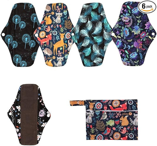 5 Cloth Menstrual Pads 1 Wet Bag M Panty Liners Reusable Washable (Frog Owl Fox, M Panty Liners)
