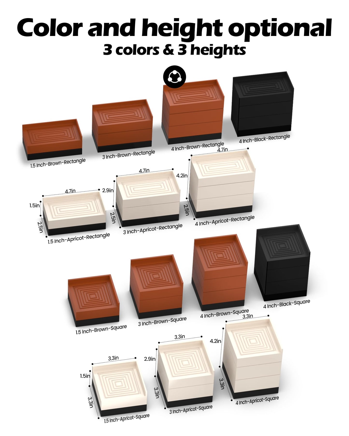 Furniture Risers, Tclouda Bed/Sofa/Desk/Table/Chair Leg/Fridge Lifts to 1.5, 3 and 4 in, Rectangle Adjustable Risers Blocks for Extenders, Heavy Duty Supports Up to 1300 Lbs, 4 in-Black-Rectangle