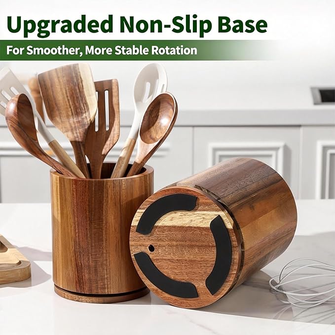 Wooden Utensil Holder, 360°Rotating 7.3'' Large Utensil Holder for Kitchen Counter, Kitchen Utensil Organizer, Utensil Crock, Farmhouse Kitchens Countertop Decor, Walnut-finish