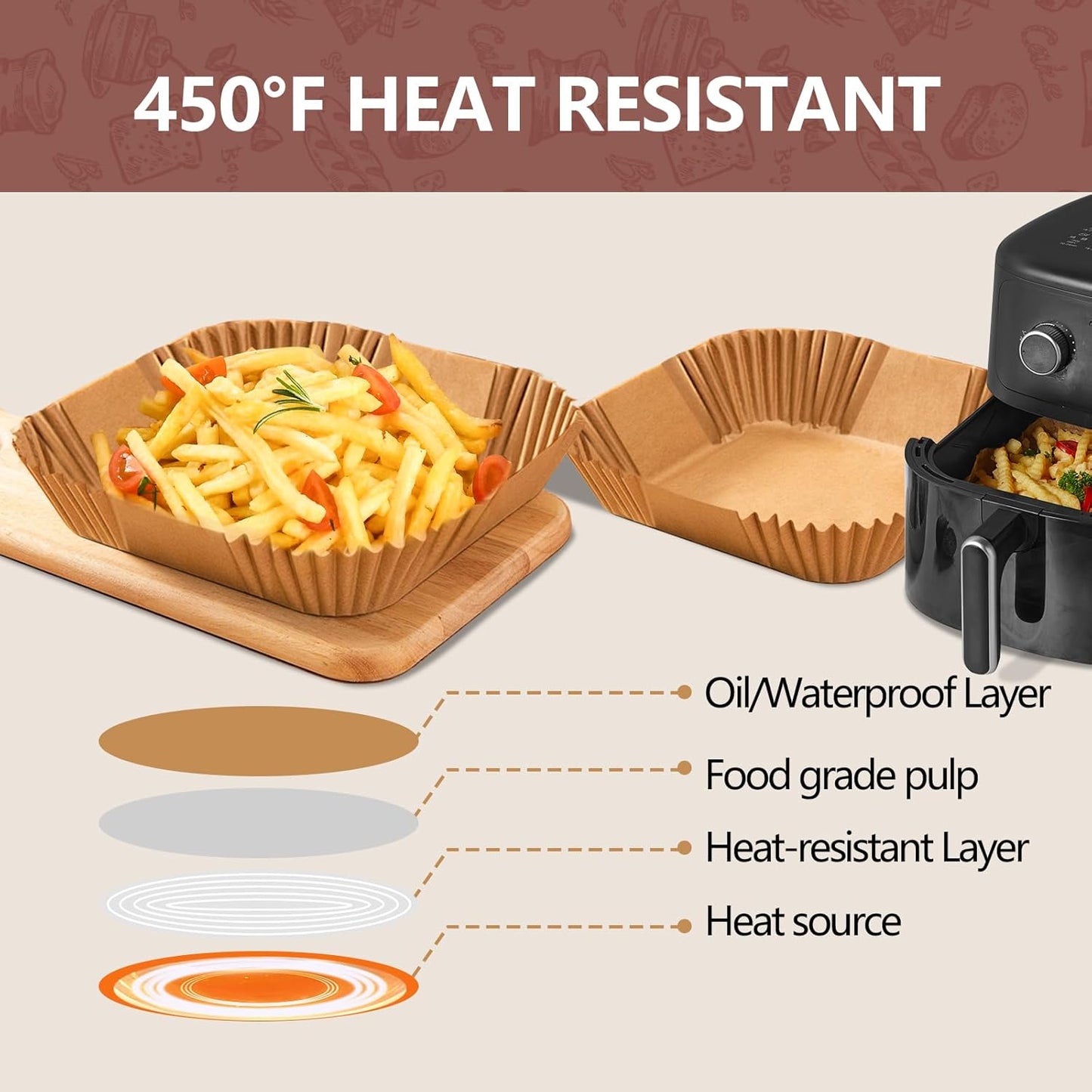 UBeesize 7.5 Inch Air Fryer Paper Liners,400 PCS Parchment Paper, Air Fryer Disposable Paper Liners for Microwave, Non-Stick Sheets Square Free of Bleach（Bottom Size 6.3 Inch）