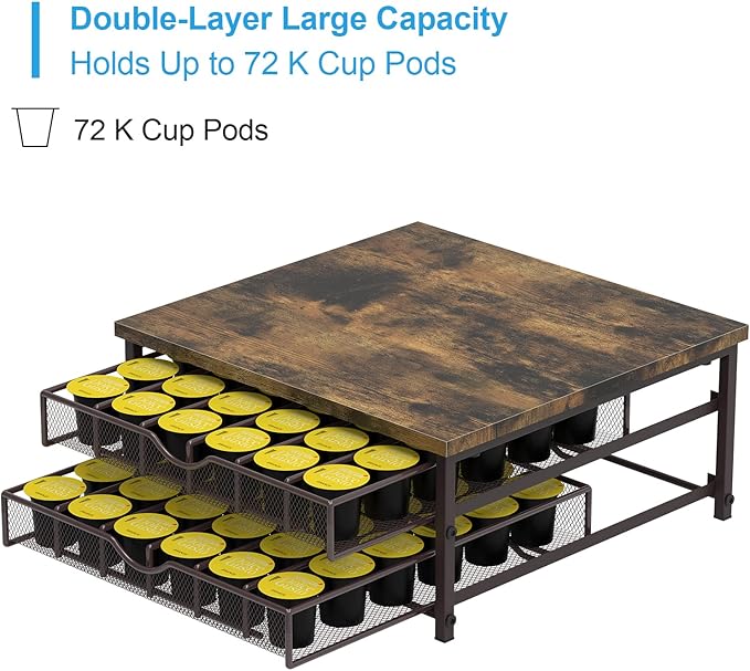 Coffee Pod Holder For Counter, Coffee Pod Drawer for Keurig Pod Storage Drawer Holder, 72 Capacity Pods Storage Organizer for Keurig Pod Storage with Sliding Baskets for Coffee Station, Brown