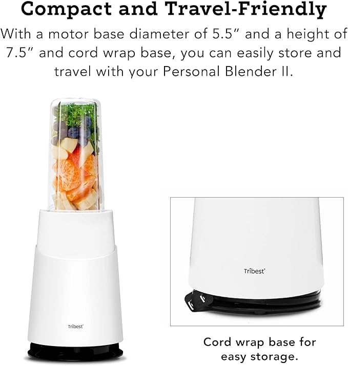 Tribest PB-410WH-A Personal Blender II, Small Blender for Shakes and Smoothies with Portable Blender Cups, White