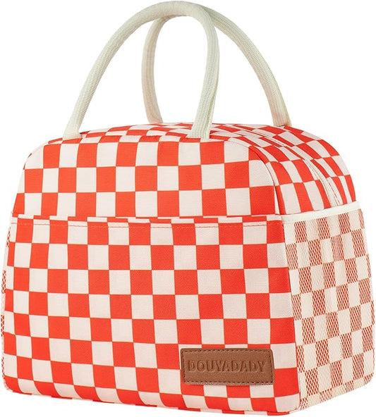 douyadady Lunch Bag Women/Men Lunch Box Women/Men (Red+Beige Checkerboard)