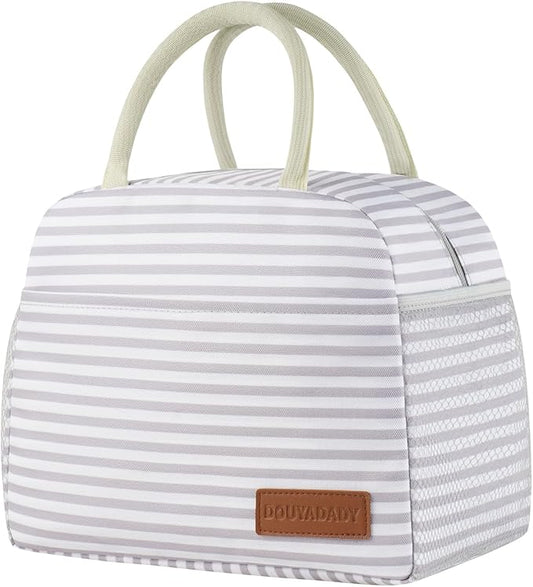 douyadady Lunch Bag Women/Men Lunch Box Women/Men (Grey+White Stripes)
