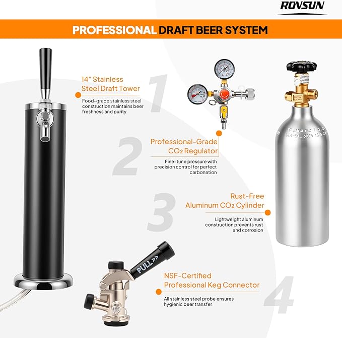 ROVSUN BF-152 Full Size 5.4 Cu.Ft, Beer Kegerator with CO2 Tank Included, Draft Beer Dispenser for Home Bar, 152L Beverage Refrigerator Direct Cool, Metal Cabinet, Single Tap, Silver