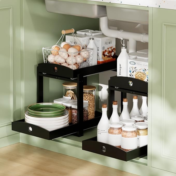Bamboo Wood Under Sink Organizer 1 Pack, Pull Out Cabinet Organizer 2 Tier Under Sink Organizers and Storage with Sliding Drawer Sturdy Easy Assembly for Kitchen Bathroom Undersink (Black, 2 Packs)