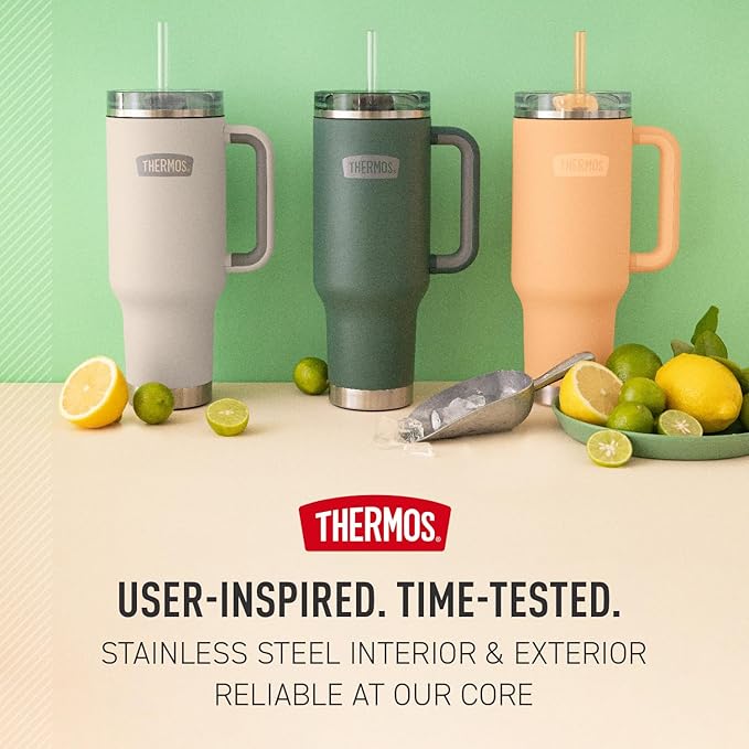 THERMOS Stainless Steel Cup Holder Mug - 40 Ounce, Alpine Green - Insulated Tumbler with Lid and Straw, Plus Leak-Resistant Slide Lock