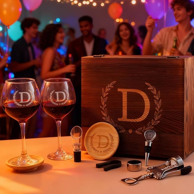 GZLDGIFTS Personalized Initial Wine Glasses Box Gift Set For Women Mom Engraved Birthday Monogrammed Wooden Christmas Gifts Wedding Anniversary Wine Couples Stopper Opener Initial Letterr (Y Set)
