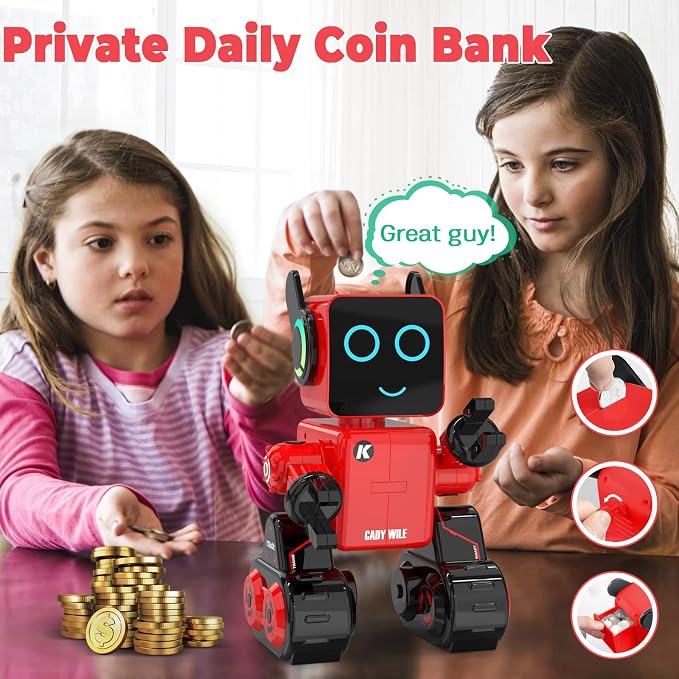 okk Robot Toys for Kids, Programmable Remote Control Robot, Interactive Toys with Coin Bank, LED and Tray, Walking Talking Singing Dancing Gift for Boys Girl（Red）