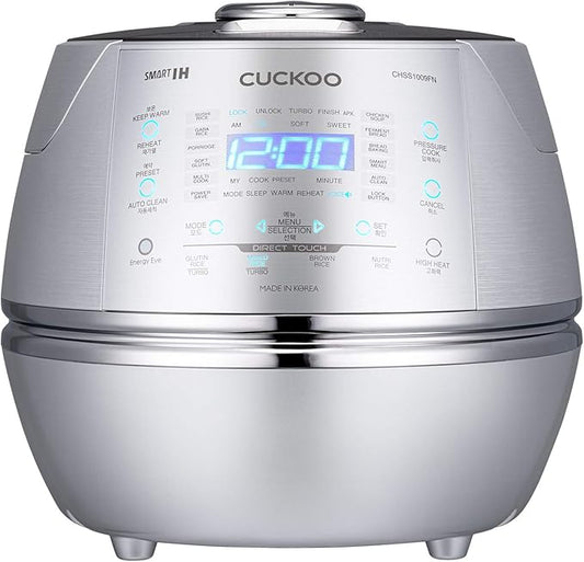CUCKOO High Pressure Rice Cooker 10-Cup Uncooked / 20-Cup Cooked with Induction Heating Technology, Large Rice Maker with 17 Menu Options and Steam Plate, Voice Guide, Silver (CRP-CHSS1009FN)