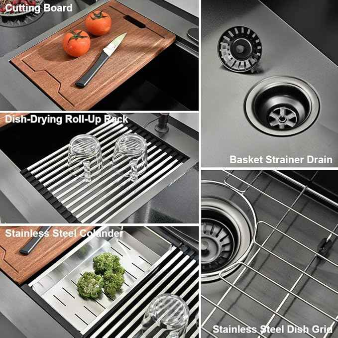 33 Inch Black Farmhouse Kitchen Sink Workstation - VOKIM 33x22 inch Flat Apron Front Farmhouse sink 16 Gauge Stainless Steel Single Bowl Farm Kitchen Sink