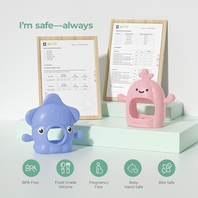 Momcozy Baby Teething Toys, Food Grade Silicone Baby Teether，Teething Mitten for Babies 0–6 Months，Teethers for Babies 6–12 Months，Anti Drop Wrist Teether with Multiple Chew Points， Pink