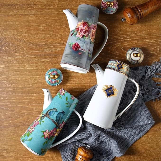 Water Pitcher Ceramic Teapot With Lid Water Pitcher Kitchen Butter Bottle Flower & Bird Finished Wedding Gifts Party Presents 650ML Glass Pot(White)