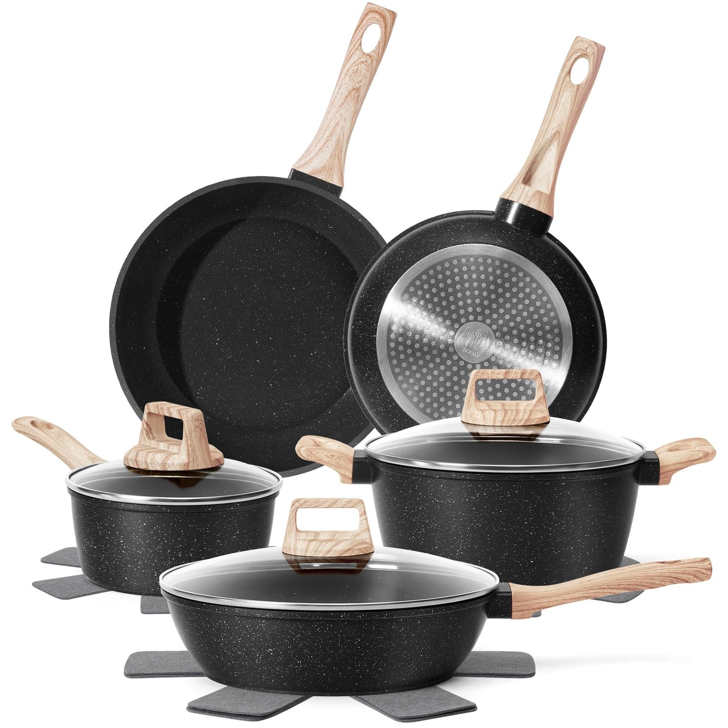SODAY 12 Pcs Pots and Pans Set Non stick, Cookware Sets Black Granite Induction Cookware, Non-toxic Healthy Nonstick Kitchen Cooking Set with Frying Pans Set, Saucepans (PFAS/PFOA/PFOS Free)