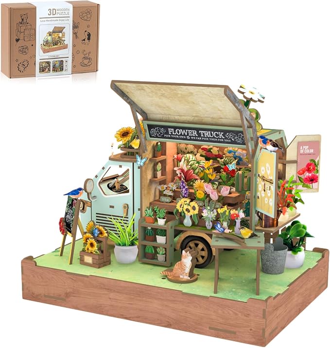 DIY Miniature House Kit Flower Cart, DIY Miniature Dollhouse Kit with LED Light Music for Room Bookshelf Decor, Tiny House Crafts for Adults, Birthday for Men Women Teens