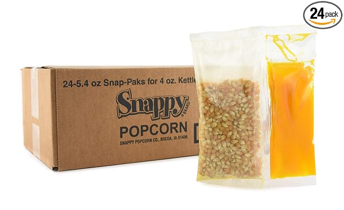 Snappy Snap-Paks All in One Popcorn Portion Packets for 4 oz Popping Machine, Kernels, Oil, and Salt, 24 Count