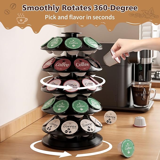K Cup Holder, Coffee Pod Carousel Holder for 40 Keurig Pods, Also Fits Dolce Gusto Capsules, 360° Rotatable Coffee Pod Storage Organizer, New Modern Design for Home Office Counter